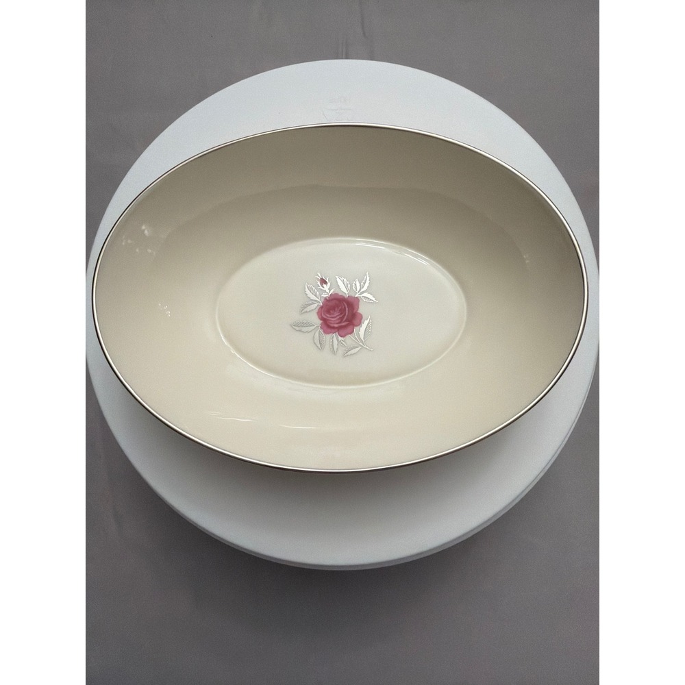 Ballad by Lenox E538 Oval Vegetable Serving Bowl Pink Rose Platinum Trim USA
